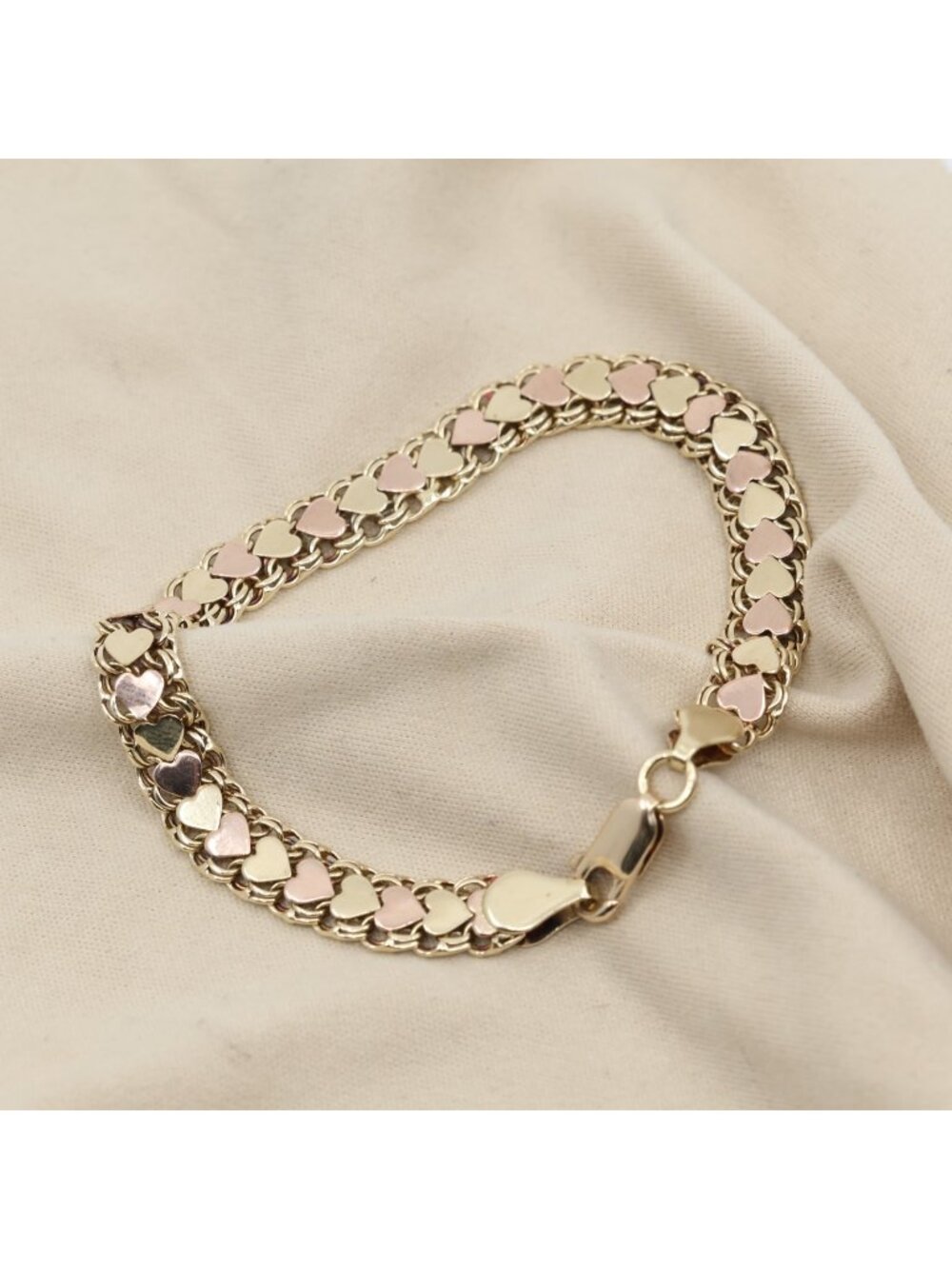 14K Two Tone Multi Color Gold Flat Wide Bismark Link Heart Bracelet - 7.25" L